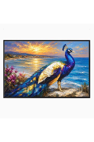 Luxcanva Tablou Canvas Paun La Apus 60x40 cm cu Rama Negru Paun Apus Mare