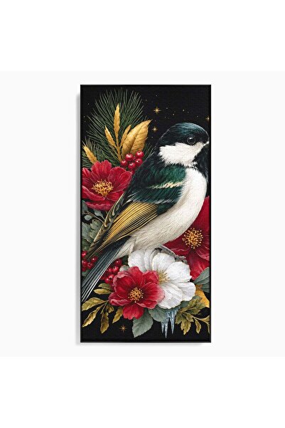 Luxcanva Tablou Canvas Pasare Si Flori Rosii 70x140 cm cu Rama Negru Pasare F...