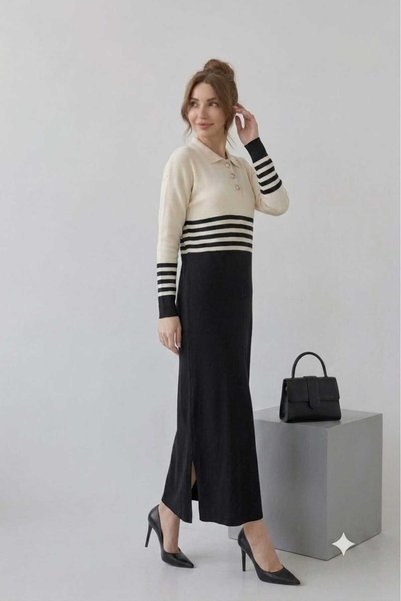 newmisal Women's Polo Collar Striped Tricot Tunic Dress