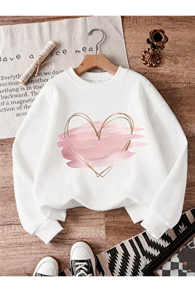 Trend Sizde Hanorac unisex roz cu imprimeu inimă și guler rotund