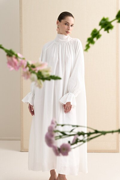 Zeyyen Geniş Fularlı Tencel Maxi Elbise Ekru