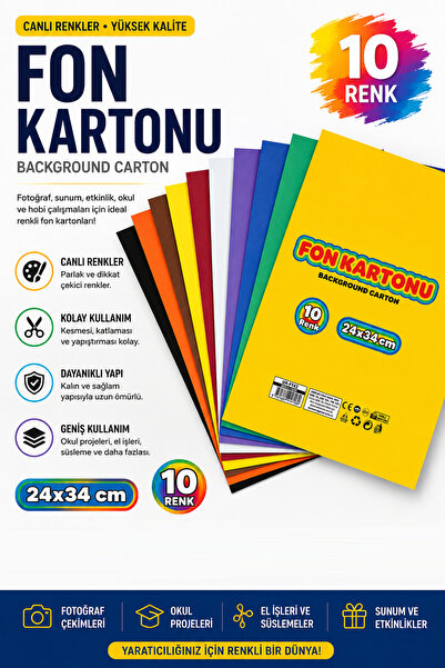 GÜZELYÜZ AVM 10 Renk Fon Kartonu 24x34 Renkli Hobi ve El İşi Kartonu