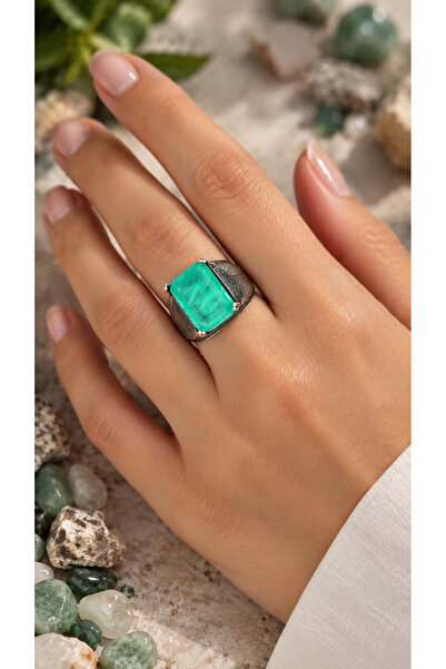 Silveranka 925 Ayar Gümüş Doğal Paraiba Taşlı Oksitli Vintage Yüzük