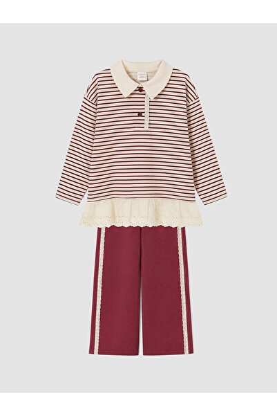 LC Waikiki Lcw Kids Burgundy Polo Collar Striped Girls' Set