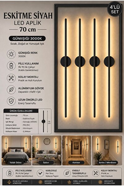 Betül Home Design Siyah Gün Işığı 70 CM Led Duvar Aplik 4 Adet|Pilli Kablosuz...