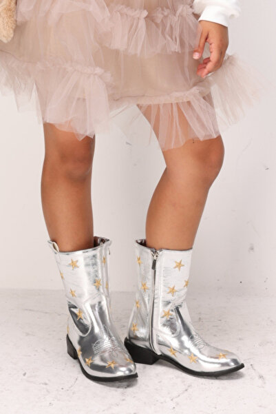 Le Mabelle Gold Star Embroidered Girls' Silver Cowboy Boots