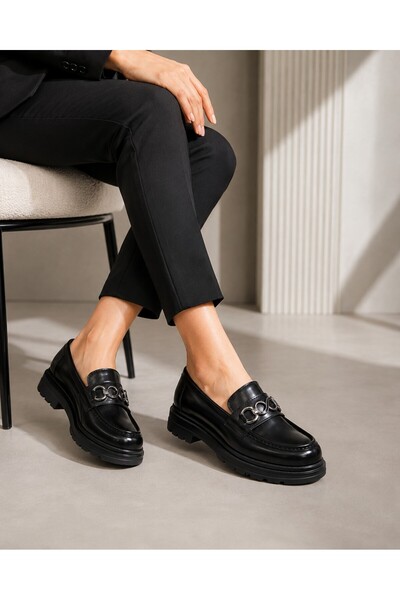 Zenora Shoes Kadın Tokalı Loafer Makosen Siyah Cilt Kalın Tabanlı Ortopedik A...