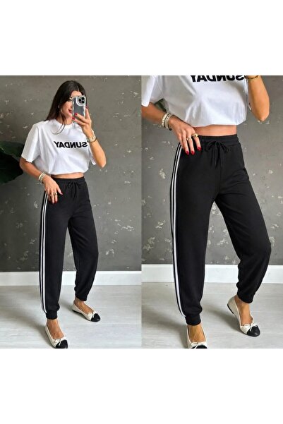 Kokosh moda Women's High Waist Side Stripe Detailed Viscose Two-Thread Sweatp...
