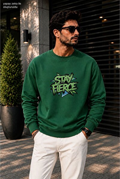 caddekombin Men's Stay Fierce Graffiti Printed Cycling Round Neck Casual Swea...