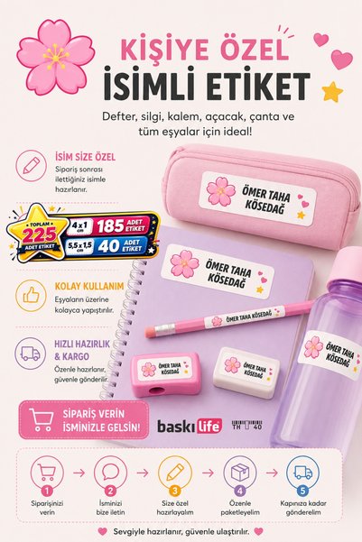 Baskı Life Pro Kişiye Özel İsimli Okul Etiketi 225 Adet Defter Kalem Çanta Su...