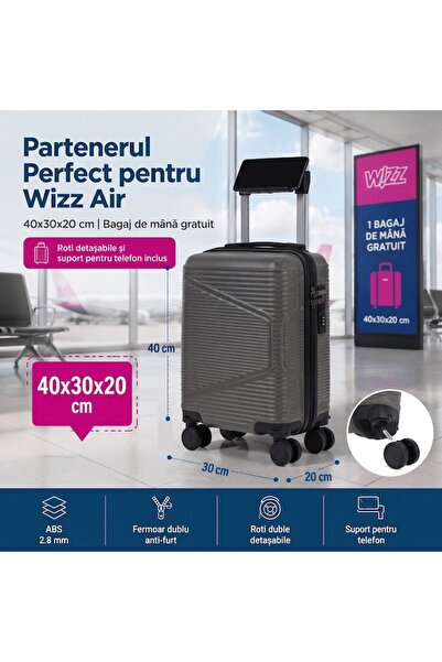 CASLON Troler de cabină Wizz Air, 40x30x20 cm, 4 roți duble cu rotație la 360 de grade °   Rotație detașabilă, ABS rezistent, Gri deschis, 6820 ®