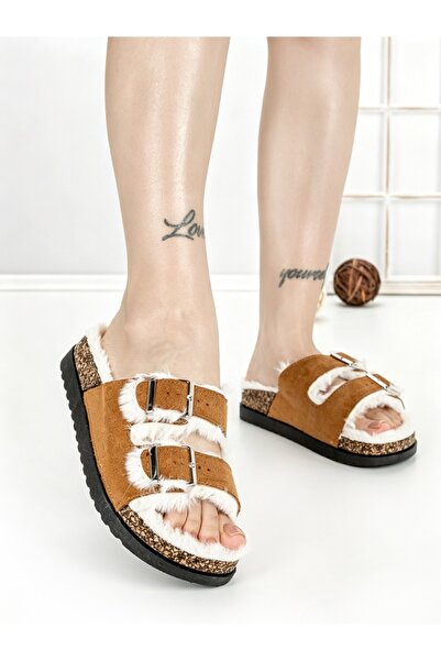 STEPHAN Women's Slipper with a light brown low sole made of textile material ...