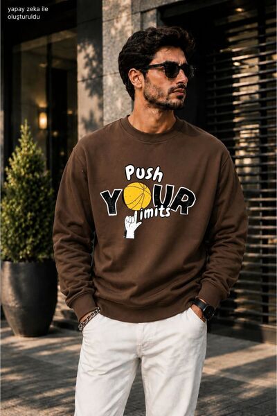 caddekombin سويت شيرت رجالي مطبوع عليه Push Your Limits لكرة السلة وياقة دائر...