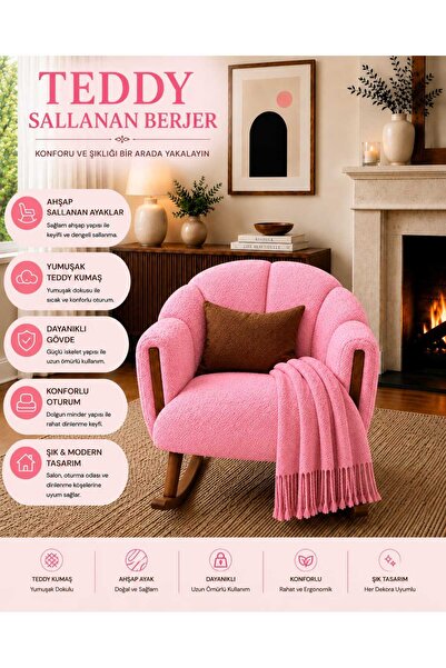 DEKOZUM ALESSA Berjer Ahşap Ayaklı Sallanan Koltuk Salon Balkon Koltuk Teddy ...