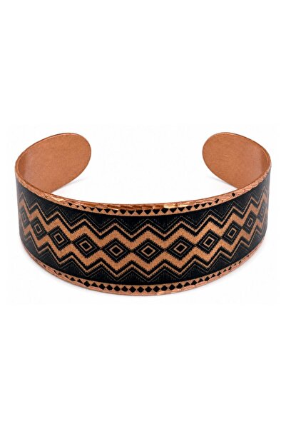 Erol Bakır Burgundy Black Badge Wide Form Thick Copper Bracelet, Hand-Embroid...