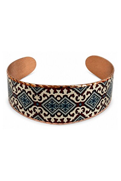 Erol Bakır Black Orange Geometric Wide Form Thick Copper Bracelet, Hand-Embro...