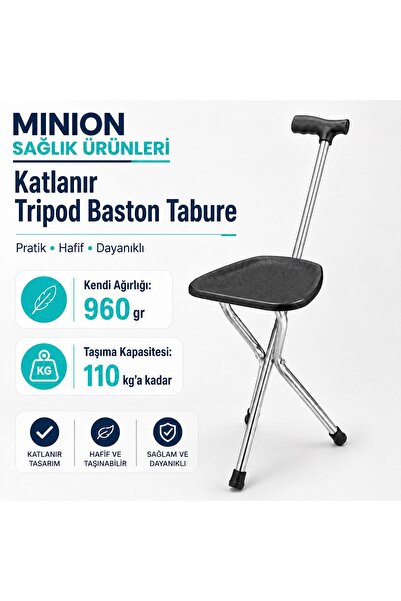 Minion Katlanabilir Bastonlu Oturma Taburesi Baston Oturaklı Baston