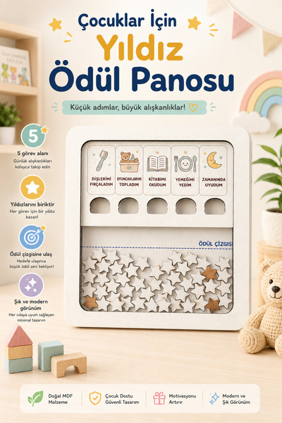 MODAT Ahşap Çocuk Günlük Rutin Panosu – Yıldızlı Ödül ve Sorumluluk Tablosu –...