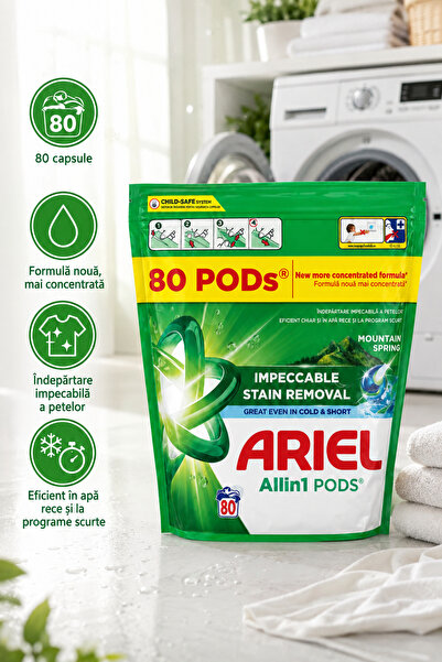 Ariel Izvor de Munte Detergent Capsule Rufe 80 Buc, Detergent Automat, Curăța...