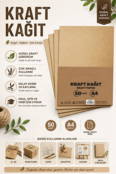 GÜZELYÜZ AVM A4 Kraft Kağıt 50 Adet Doğal Kahverengi Hobi ve El İşi Kağıdı