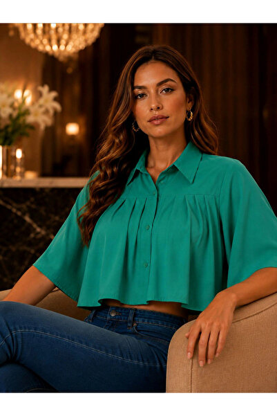 RUE COLLECTION By Styli بلوزة قصيرة بأكمام واسعة على شكل قميص