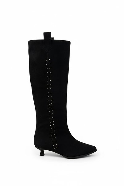 SHOEBELLAS Cily Black Suede Women's Heeled Boots with Gold Pin Detail