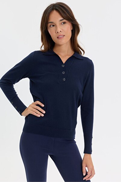 Desen Triko Women's Polo Collar Knitwear Blouse with Buttons on Front and Sle...