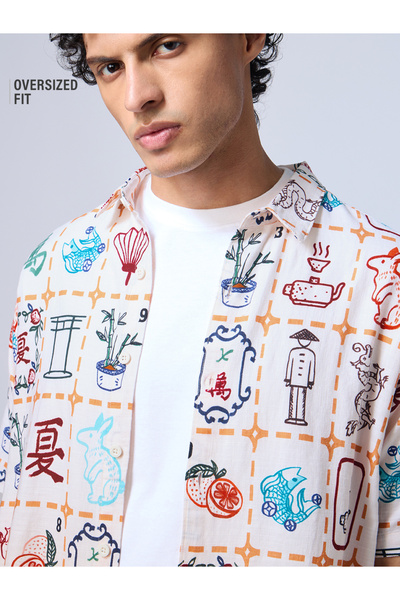 The Souled Store By Styli Men White AOP Mandarin-Inspired Button-Down Shirt