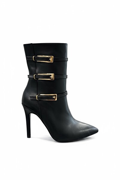 SHOEBELLAS Korn Siyah Cilt Kemer Detaylı Kadın Topuklu Bot
