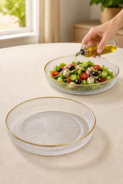 İLİVA Set of 2 Glass Salad Bowls with Gold Gilded Patterned Deep Plates 19.5 cm