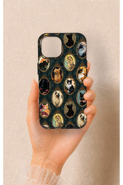 Vip Case iPhone 15 Uyumlu Vintage Kedi Portreleri Desenli Silikon Kılıf