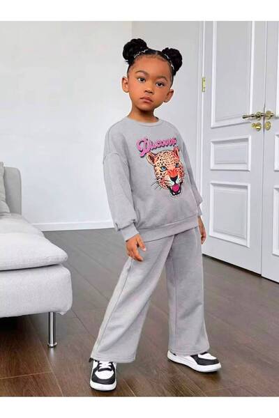 MORNİNG KİDS Girl's Gray Discover Leopard Print Crew Neck Sweatshirt - Gray L...