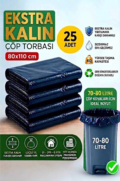 Plastik Ekstra Kalın Çöp Torbası 80x110 cm 25 Adet - Battal Boy Sızdırmaz Ev ve İşyeri Tipi Çöp Poşeti