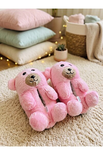 ZERA TREND Zera Ayıcık Figürlü Rahat, Konforlu, Pembe Peluş Ev Botu Panduf
