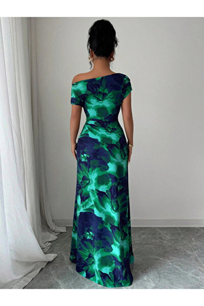 Take Two By Styli Teal Floral Print Bodycon Maxi Dress