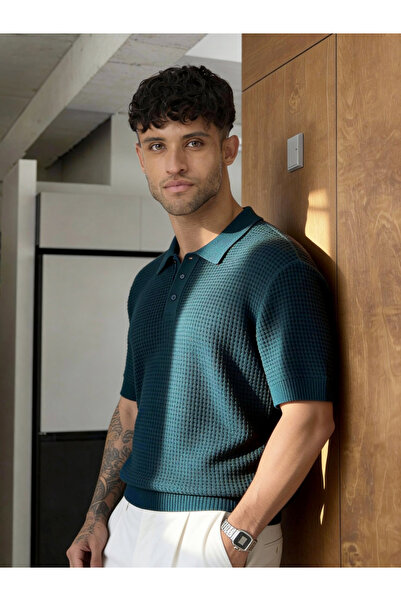 The Souled Store By Styli Men Green Textured Cotton Polo T-Shirt with Short S...