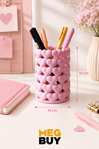MEGBUY Pembe Kalpli Kalemlik – Dekoratif Masaüstü Kalem Organizeri 10x14 cm