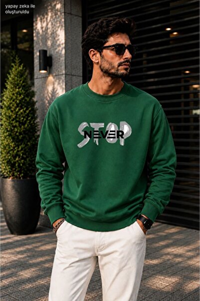 caddekombin Men's Street Style Never Stop Printed Cycling Round Neck Casual S...
