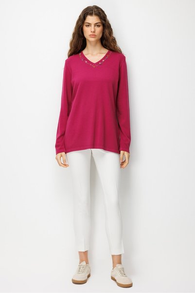 Desen Triko Women's V-Neck Collar Embroidered Blouse Sıklamen
