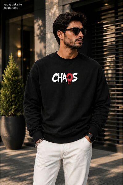 caddekombin سويت شيرت كاجوال برقبة دائرية مطبوع عليه شعار Chaos للرجال