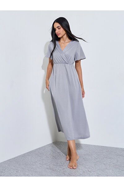 Styli Grey Solid Wrap Over Nightdress