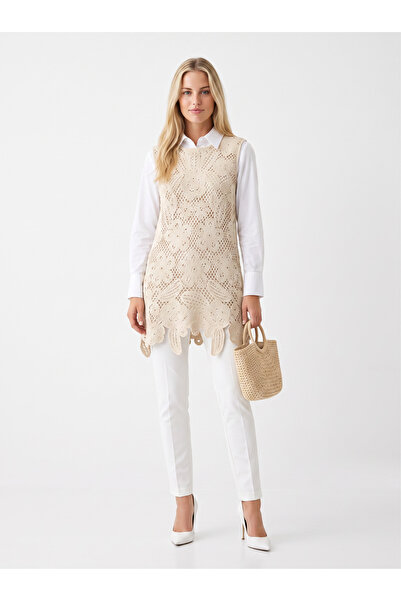 DM DİLAN MODA Women's Crochet Beige Standard Size Flower-Patterned Tunic