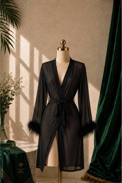 Generic Brand Women's Long Kimono Style Robe Sheer Chiffon Robe with Feather ...