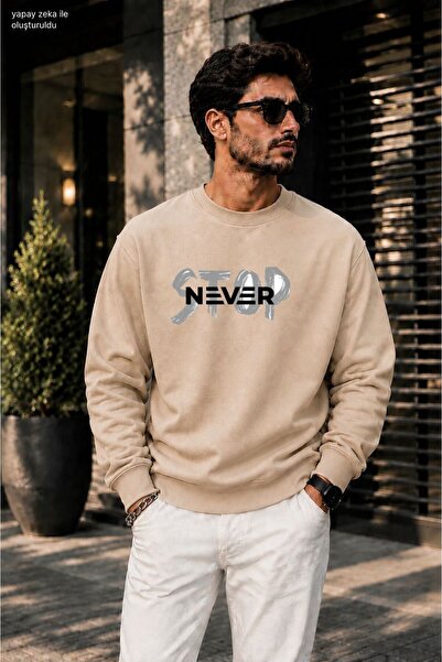 caddekombin Men's Street Style Never Stop Printed Cycling Round Neck Casual S...