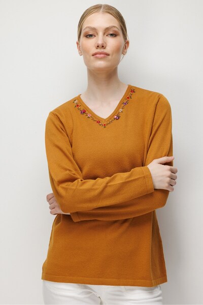 Desen Triko Women's V-Neck Collar Embroidered Blouse Mustard