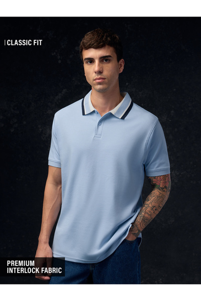 The Souled Store By Styli Men Sky Blue Classic Fit Short Sleeve Cotton Polo T...