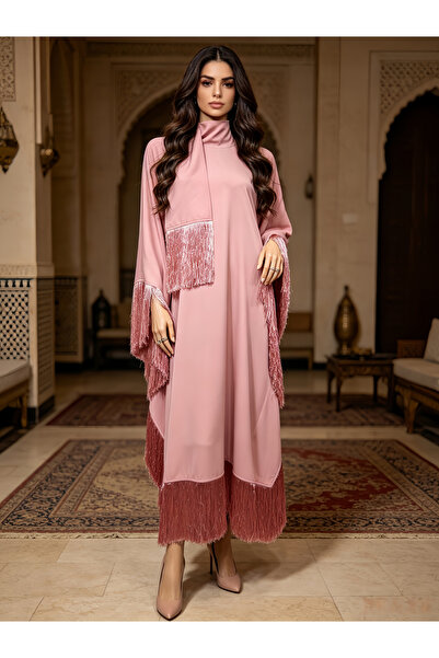 Take Two By Styli جلابية وردية سادة بقصة A-Line مع شراشيب