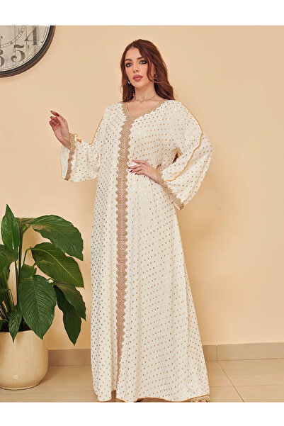 Take Two By Styli White Printed V Neck A-Line Jalabiya
