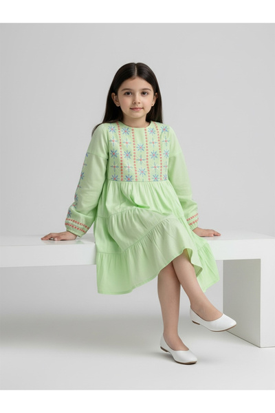 Bella Moda By Styli Girls Long Sleeve Embroidered Tiered Midi Dress