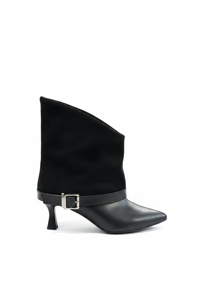 SHOEBELLAS Micron Black Leather Belt Detailed Women's Heeled Boots